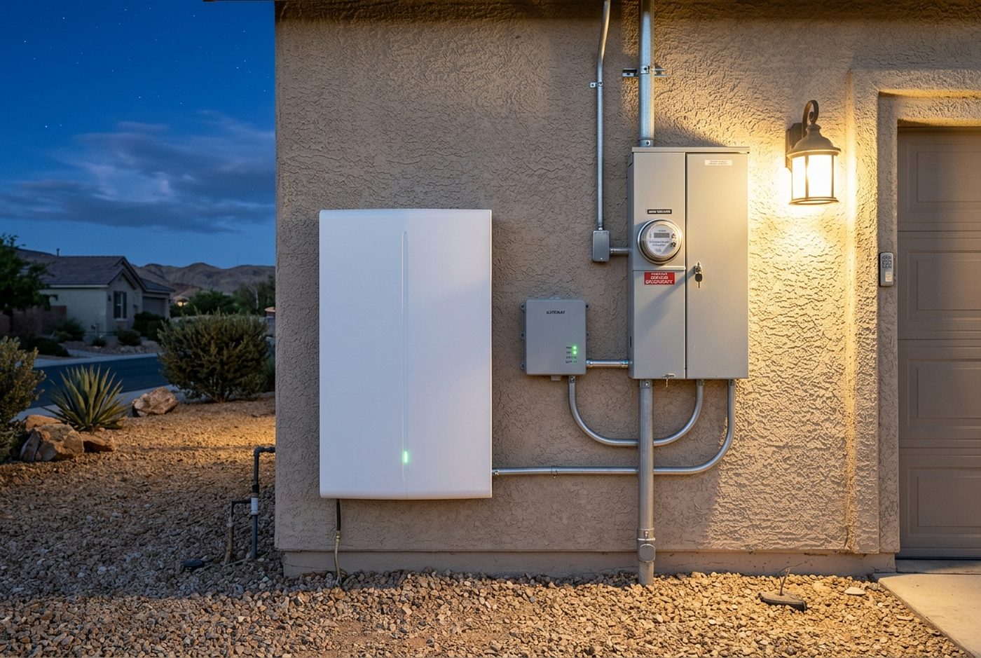Wall-mounted home battery installed beside the electrical panel of a Las Vegas home