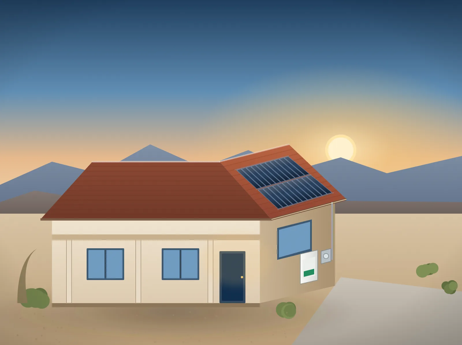 Drawn view of a Las Vegas home at golden hour: tile roof, twenty-two panels on the south pitch, a wall battery beside the meter